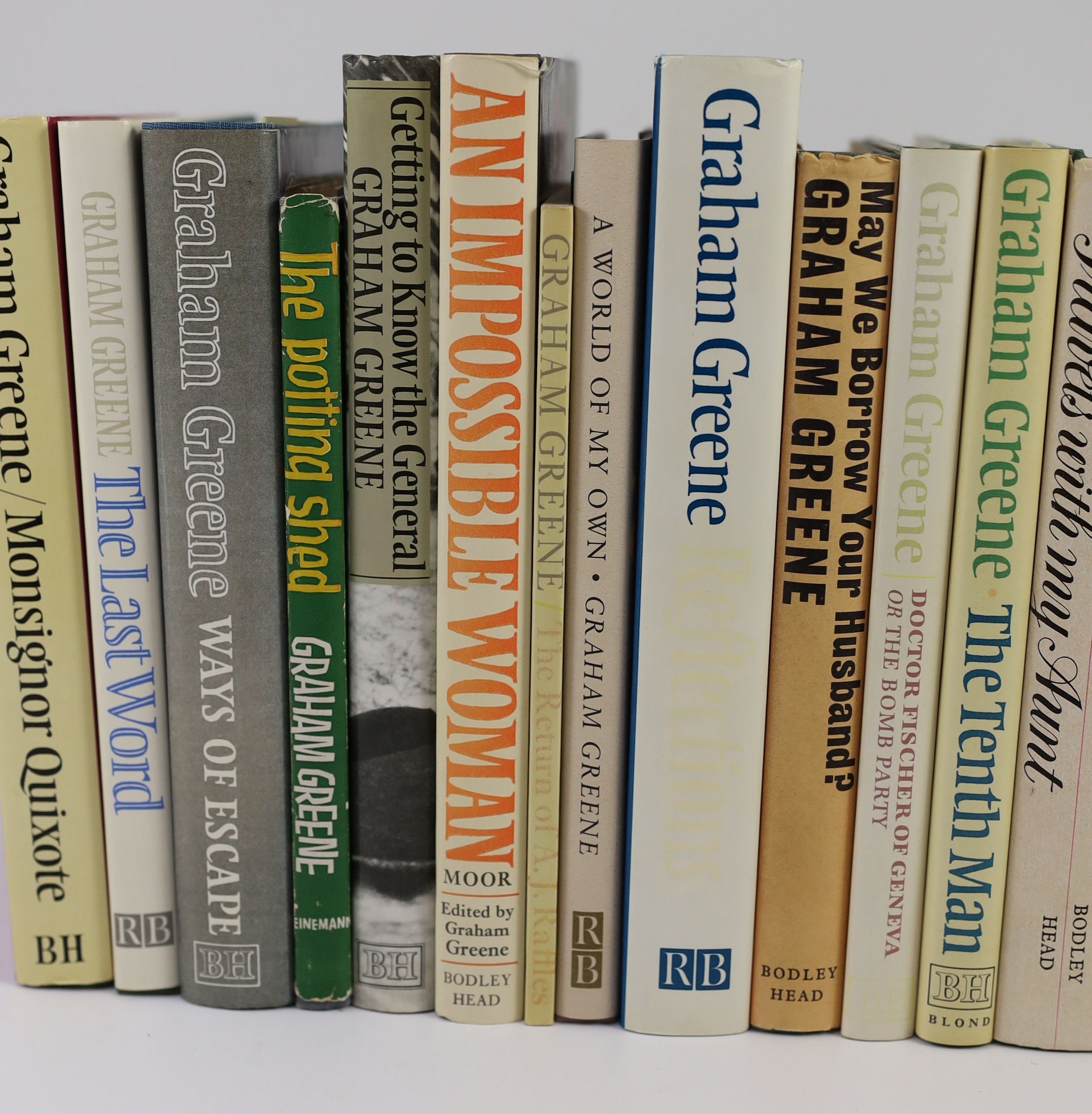 Greene, Graham - 14 works, all 1st editions, in d/j’s:- Monsignor Quixote, 1982; A Sense of Reality, 1963; Travels with my Aunt, 1969; The Tenth Man, 1985; Doctor Fischer of Geneva or The Bomb Party, 1980; May We Borrow